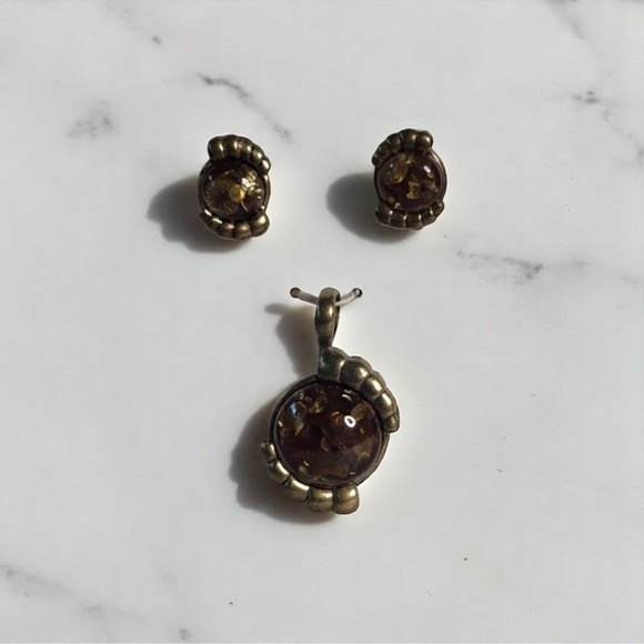 Paulus Amber Filigree Earrings with Matching Pendant NWT iridescent - Picture 3 of 3